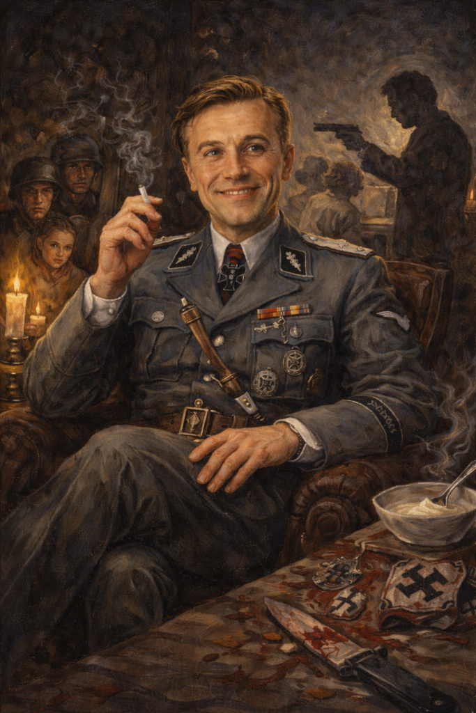 Hans Landa smiling calmly in a tense WWII setting, illustrating charming evil in an oil painting