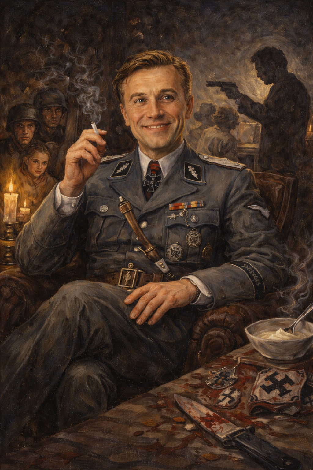 Hans Landa smiling calmly in a tense WWII setting, illustrating charming evil in an oil painting