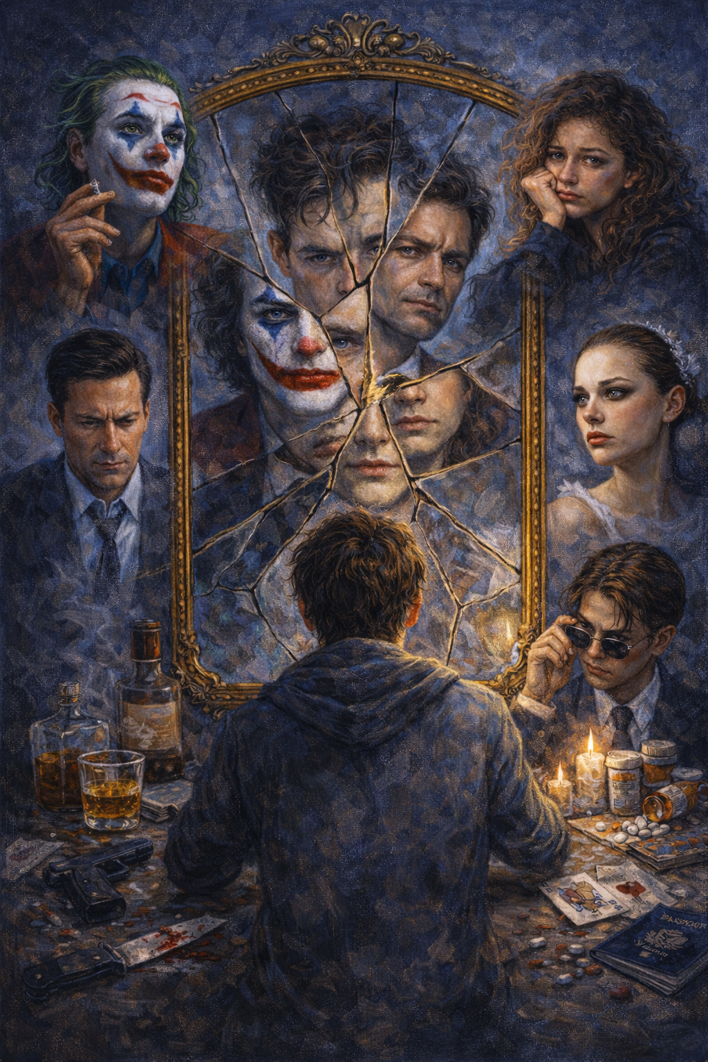 Identity diffusion illustrated through a fractured mirror and multiple conflicting selves in an oil painting