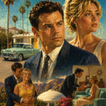 Oil painting of Jack Chambers and Alice from Don’t Worry Darling exploring control, consent, and illusion of a perfect 1960s suburban life