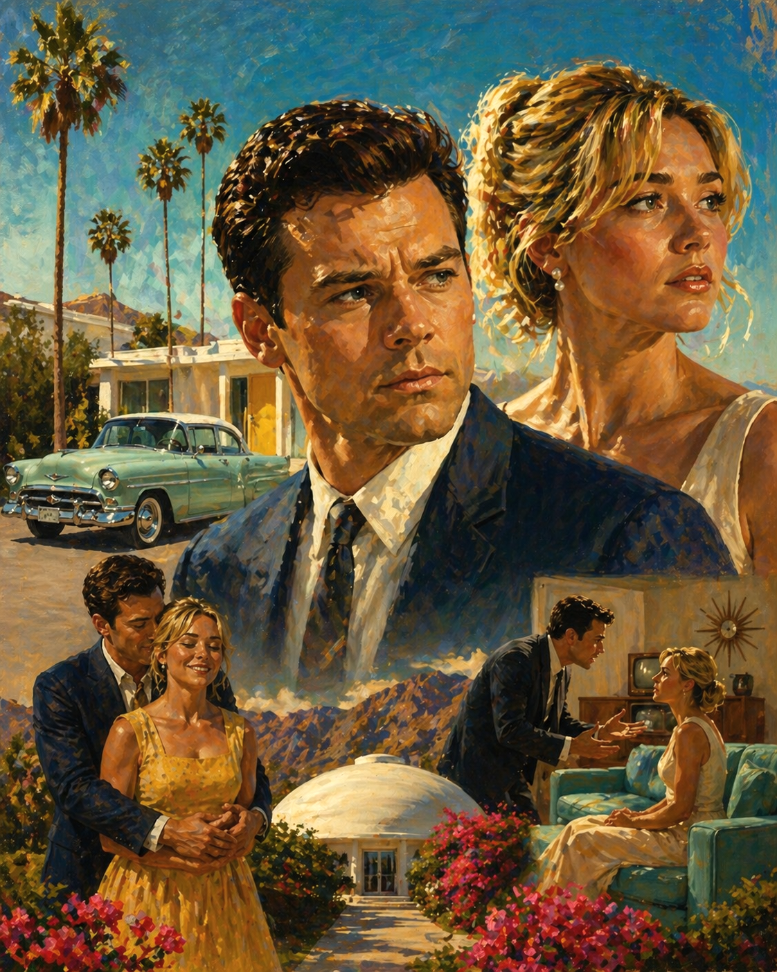 Oil painting of Jack Chambers and Alice from Don’t Worry Darling exploring control, consent, and illusion of a perfect 1960s suburban life