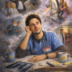 Oil painting of a doctor resembling J.D. daydreaming with surreal fantasy scenes around him in a hospital setting