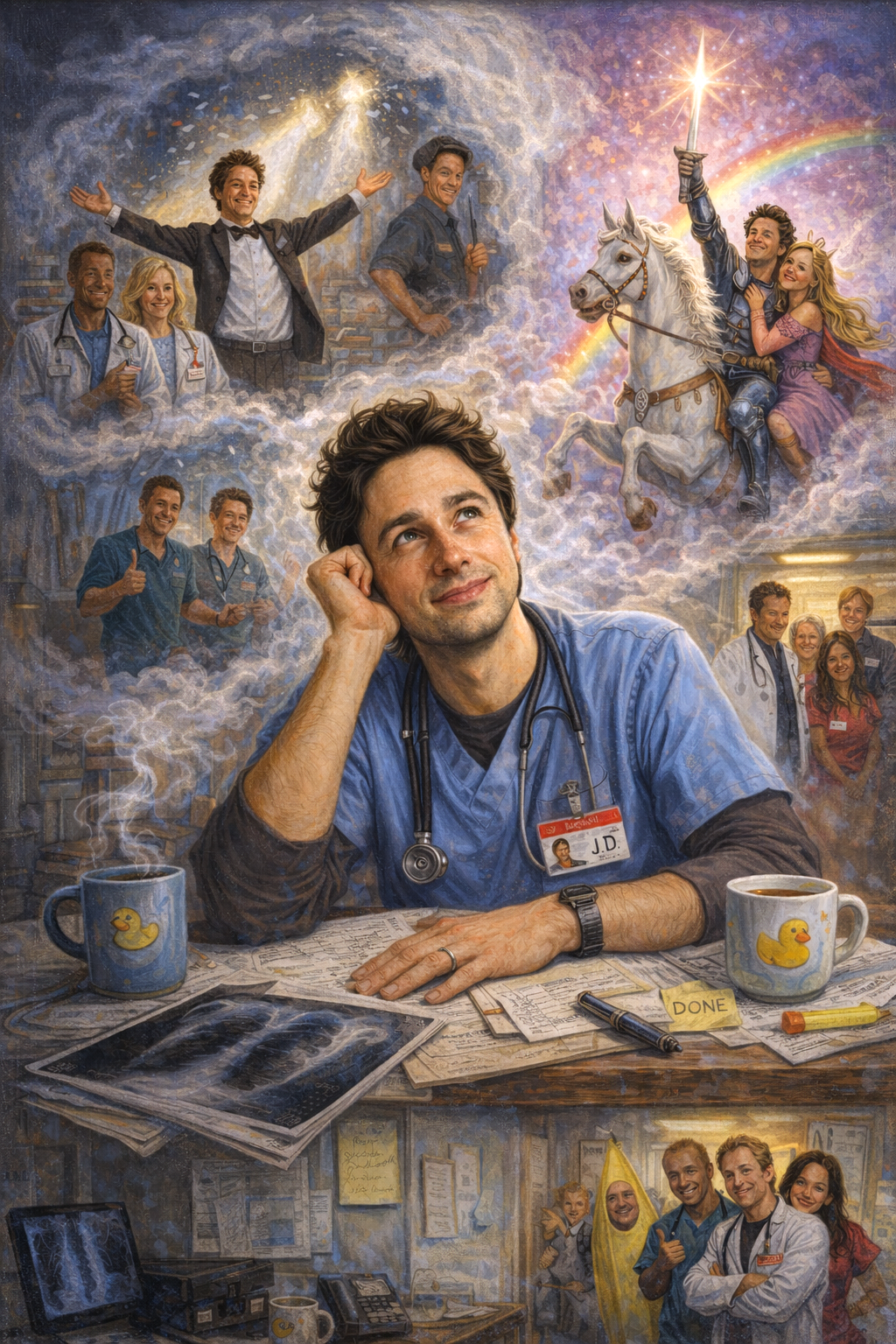 Oil painting of a doctor resembling J.D. daydreaming with surreal fantasy scenes around him in a hospital setting