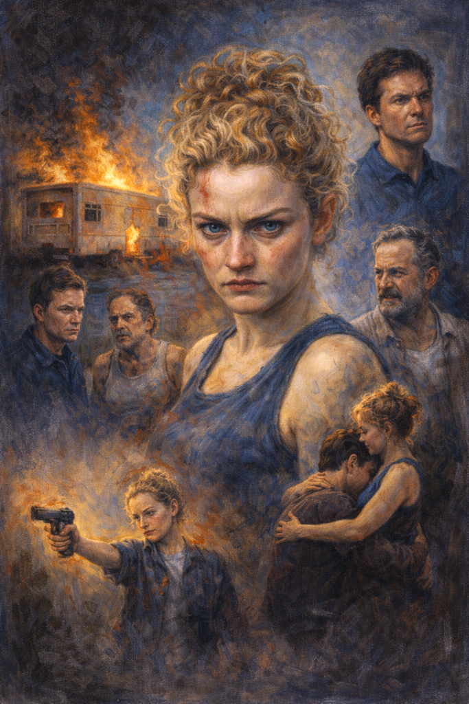 Classical oil painting of Ruth Langmore from Ozark, showing intense expression and emotional conflict, symbolizing loyalty, rage, and trauma within a working-class environment.