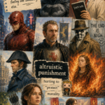 Oil painting collage featuring Batman, Light Yagami, Stannis Baratheon, Daredevil, Rorschach, and Katniss Everdeen exploring altruistic punishment and moral justice