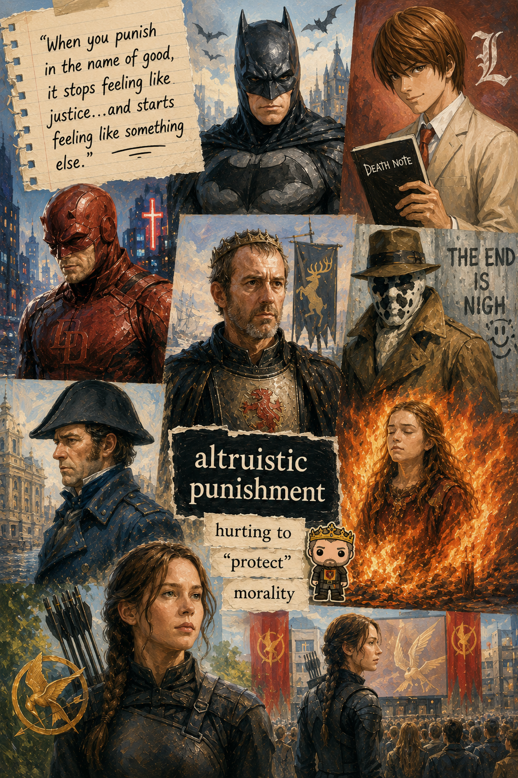 Oil painting collage featuring Batman, Light Yagami, Stannis Baratheon, Daredevil, Rorschach, and Katniss Everdeen exploring altruistic punishment and moral justice