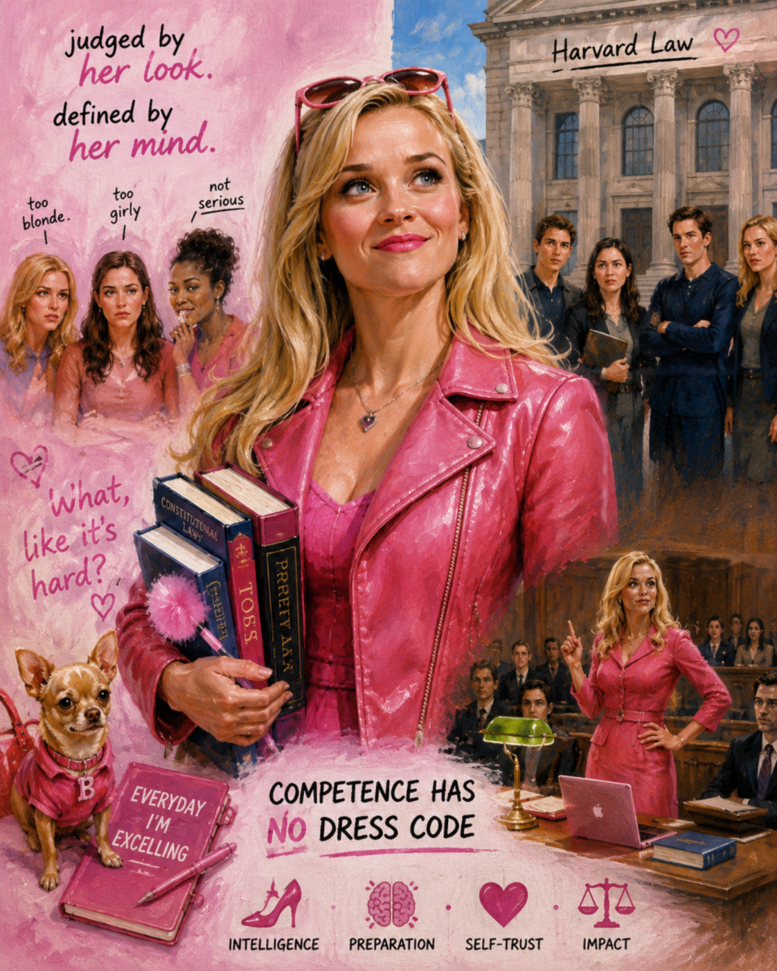 Stylized oil painting of Elle Woods in Legally Blonde exploring femininity, intelligence, and the aesthetics of competence at Harvard Law