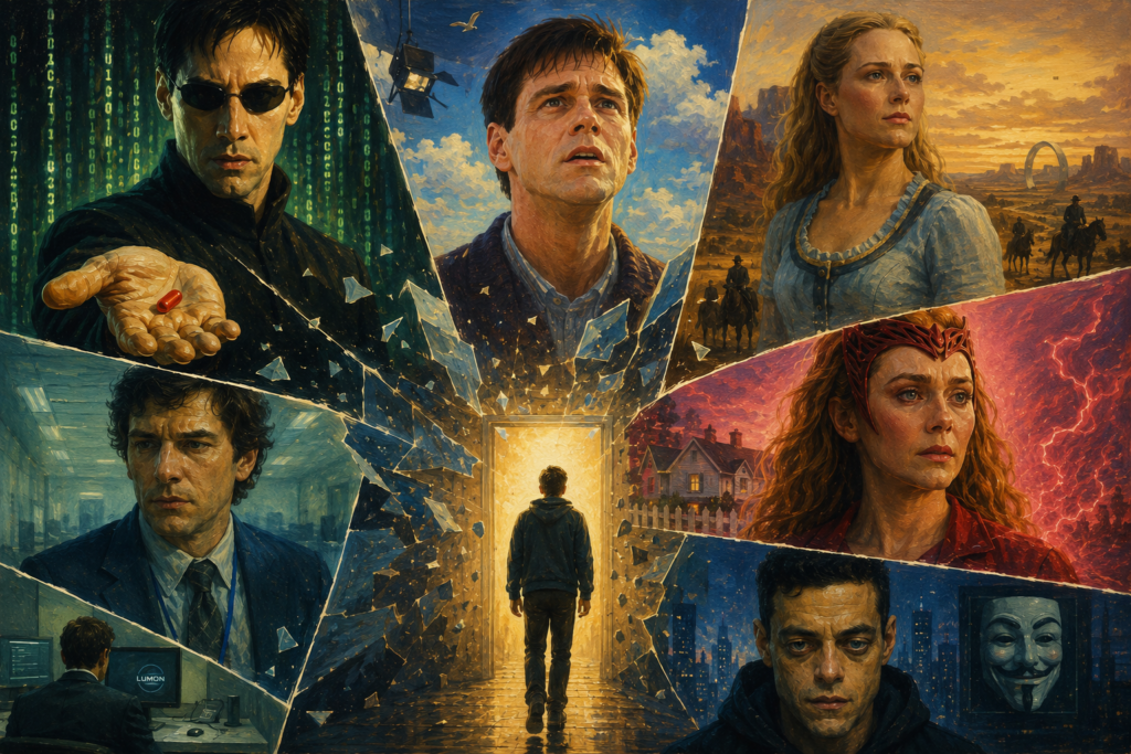 Cinematic oil painting collage of Neo, Truman, Dolores, Mark Scout, Wanda Maximoff, and Elliot Alderson experiencing psychological awakening and shattered realities