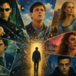 Cinematic oil painting collage of Neo, Truman, Dolores, Mark Scout, Wanda Maximoff, and Elliot Alderson experiencing psychological awakening and shattered realities