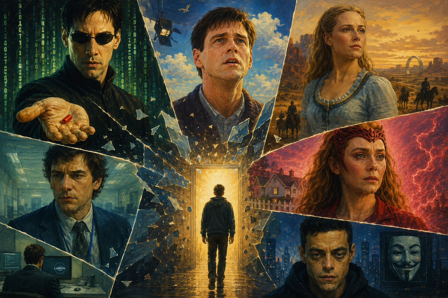 Cinematic oil painting collage of Neo, Truman, Dolores, Mark Scout, Wanda Maximoff, and Elliot Alderson experiencing psychological awakening and shattered realities