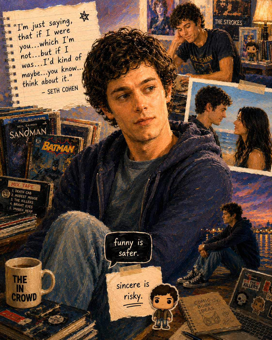 Oil painting collage of Seth Cohen from The O.C. exploring irony, emotional vulnerability, indie identity, and fear of sincerity