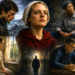 Cinematic oil painting collage featuring symbolic characters trapped by powerlessness and searching for agency, representing learned helplessness, resilience, and psychological transformation.