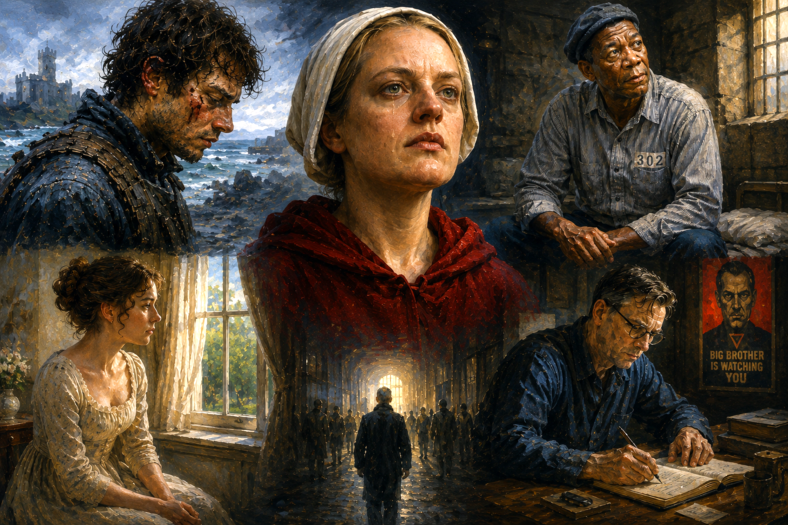 Cinematic oil painting collage featuring symbolic characters trapped by powerlessness and searching for agency, representing learned helplessness, resilience, and psychological transformation.