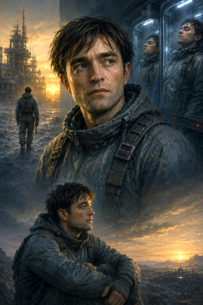 Cinematic oil painting of Mickey Barnes from Mickey 17 exploring self-worth, identity, isolation, and the fear of being replaceable in a futuristic world