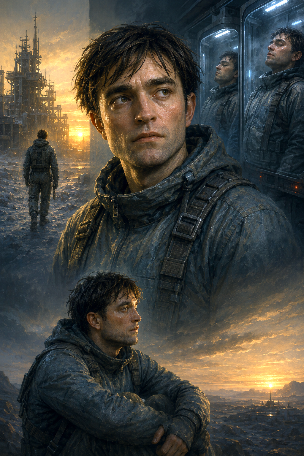 Cinematic oil painting of Mickey Barnes from Mickey 17 exploring self-worth, identity, isolation, and the fear of being replaceable in a futuristic world