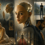 Cinematic oil painting collage of Ava from Ex Machina exploring performed vulnerability, emotional manipulation, trust, artificial intelligence, and human connection.