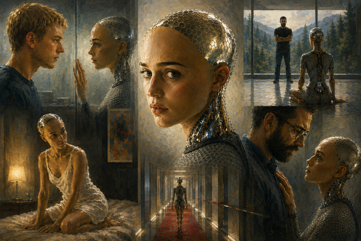 Cinematic oil painting collage of Ava from Ex Machina exploring performed vulnerability, emotional manipulation, trust, artificial intelligence, and human connection.