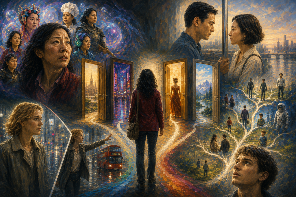 Oil painting illustrating choice overload through branching paths, alternate lives, open doors, and parallel realities inspired by Everything Everywhere All at Once, Past Lives, Sliding Doors, and Mr. Nobody.