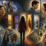 Oil painting illustrating choice overload through branching paths, alternate lives, open doors, and parallel realities inspired by Everything Everywhere All at Once, Past Lives, Sliding Doors, and Mr. Nobody.