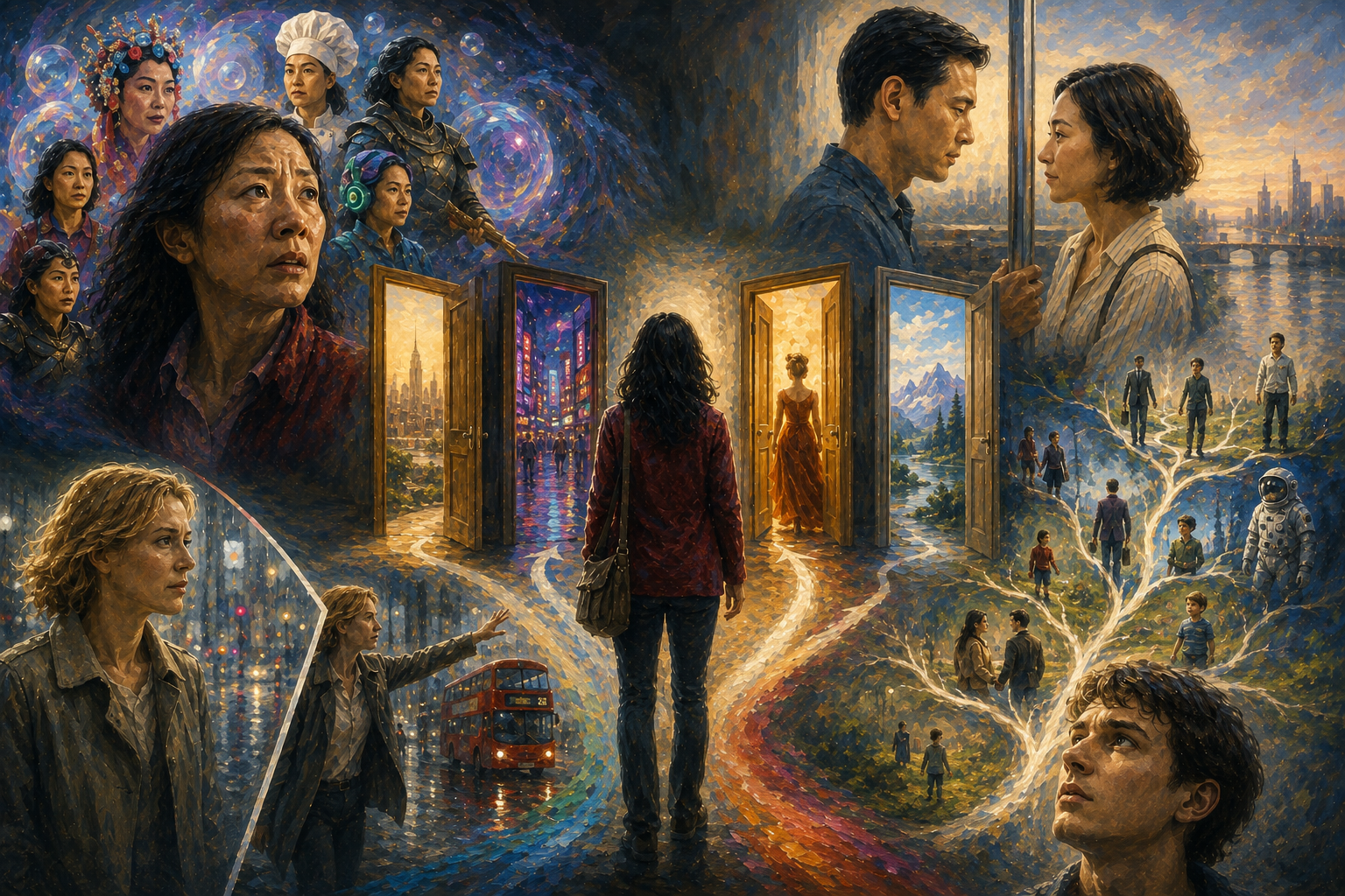 Oil painting illustrating choice overload through branching paths, alternate lives, open doors, and parallel realities inspired by Everything Everywhere All at Once, Past Lives, Sliding Doors, and Mr. Nobody.