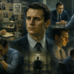 Oil painting collage of Holden Ford from Mindhunter surrounded by interrogation scenes, crime investigation imagery, and moments of psychological isolation, illustrating curiosity evolving into obsession.
