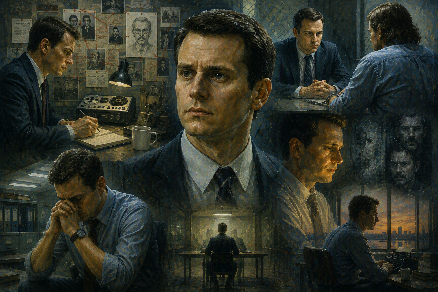 Oil painting collage of Holden Ford from Mindhunter surrounded by interrogation scenes, crime investigation imagery, and moments of psychological isolation, illustrating curiosity evolving into obsession.