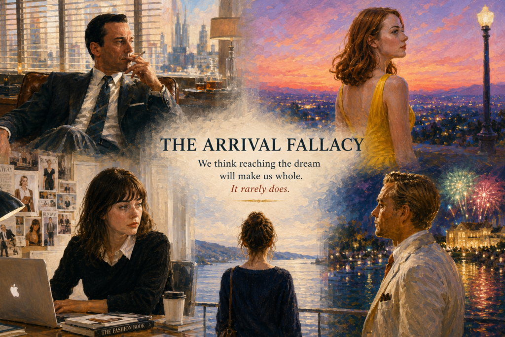 Oil painting illustrating the arrival fallacy through scenes of career success, artistic ambition, status, and romantic dreams that fail to create lasting fulfillment.