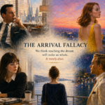 Oil painting illustrating the arrival fallacy through scenes of career success, artistic ambition, status, and romantic dreams that fail to create lasting fulfillment.