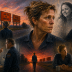 Mildred Hayes surrounded by the red billboards in a painterly Three Billboards Outside Ebbing Missouri character study about anger and grief