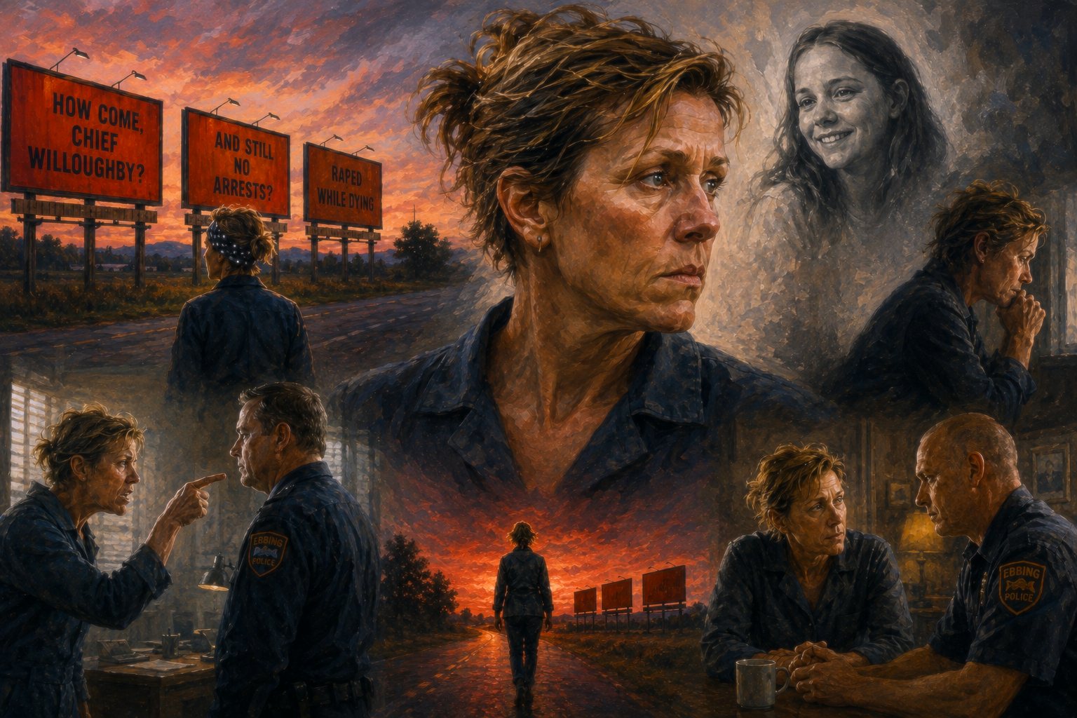 Mildred Hayes surrounded by the red billboards in a painterly Three Billboards Outside Ebbing Missouri character study about anger and grief