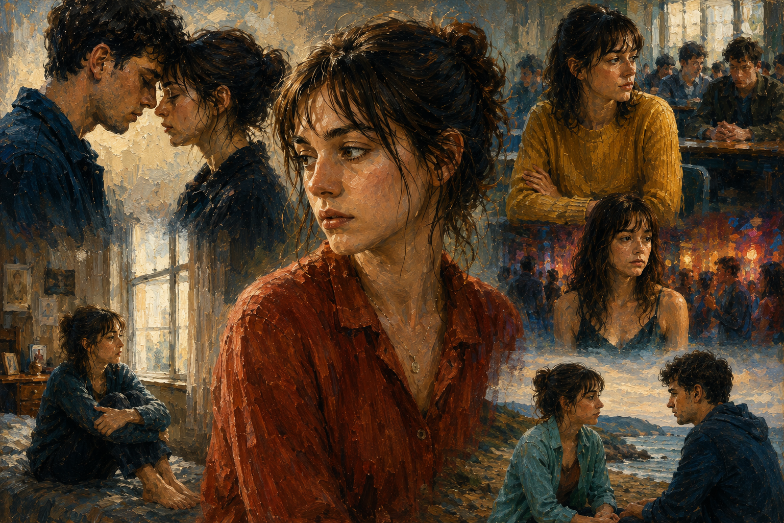 Oil painting inspired by Marianne Sheridan in Normal People, exploring painful love, attachment, shame, self-worth, and repeating familiar relationship patterns.