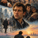 Oil-painting-style artwork inspired by Children of Men, showing a weary man moving from emotional detachment and a collapsing society toward protection, connection, and hope.