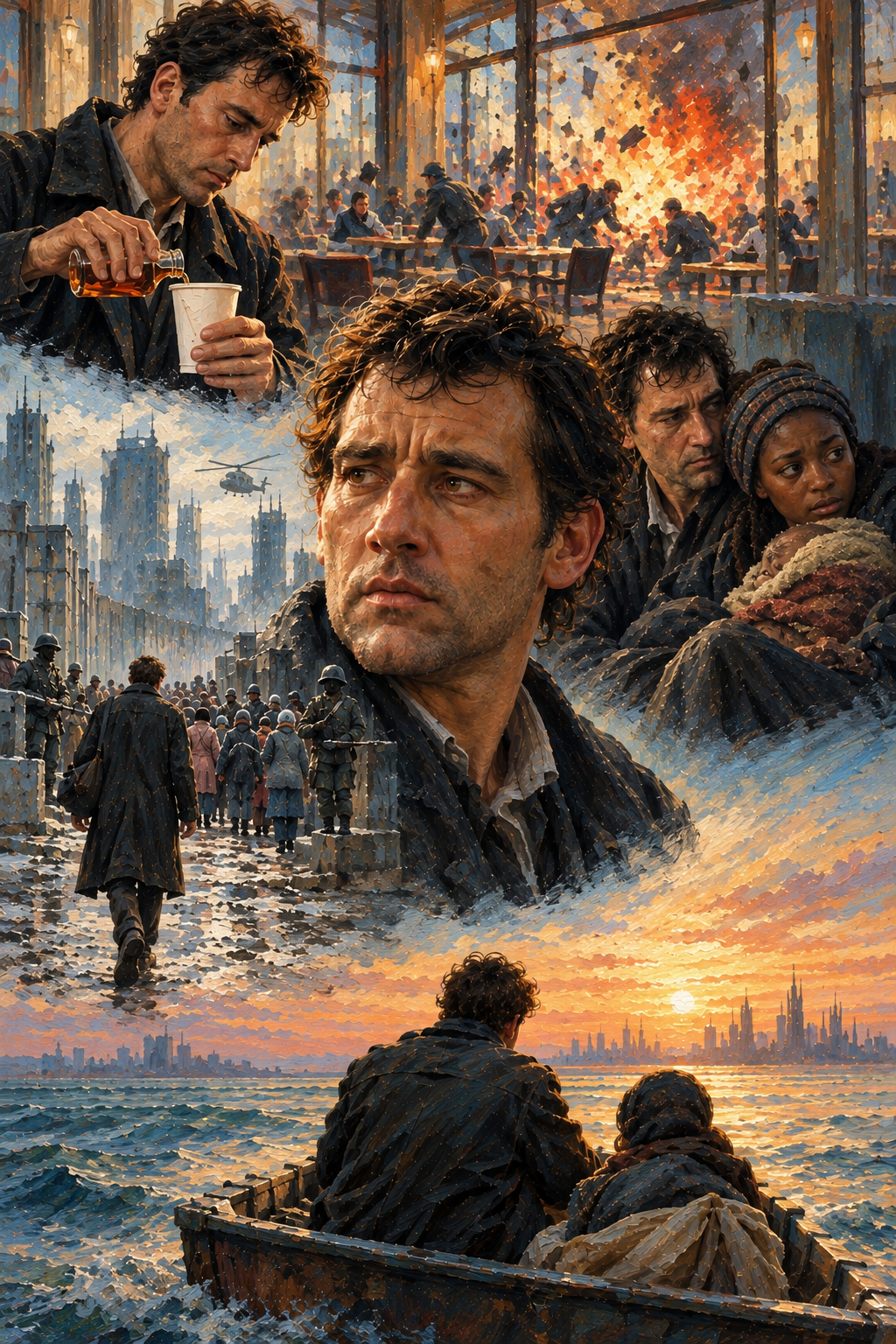 Oil-painting-style artwork inspired by Children of Men, showing a weary man moving from emotional detachment and a collapsing society toward protection, connection, and hope.