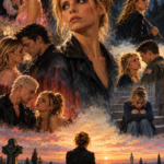 Oil-painting-style artwork inspired by Buffy the Vampire Slayer, exploring identity, relationships, responsibility, grief, and outgrowing an idealized version of normal life.
