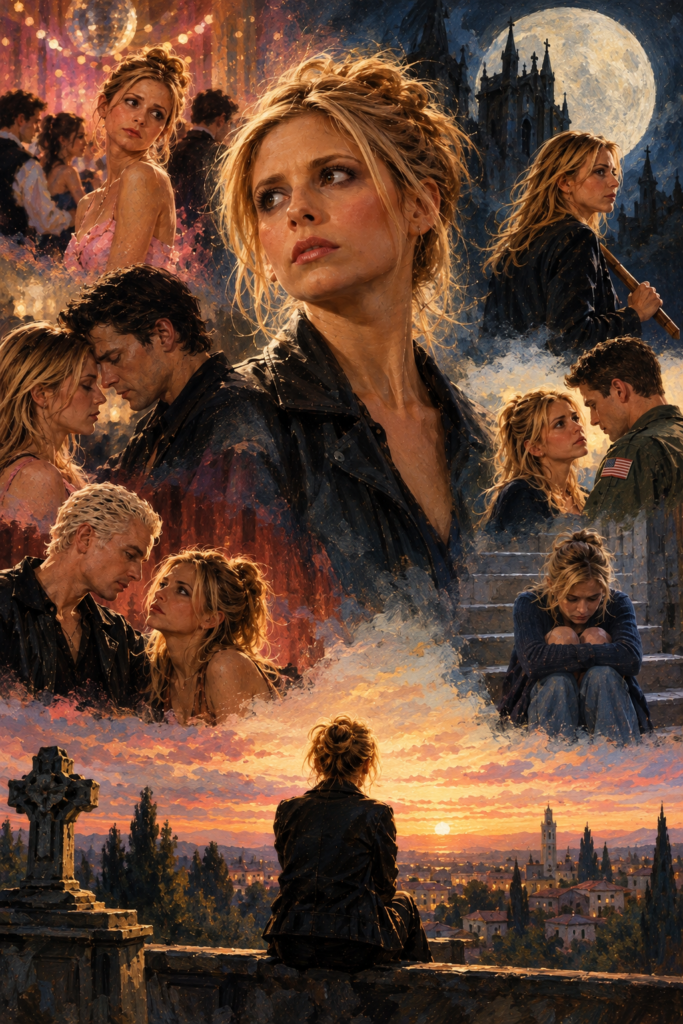 Oil-painting-style artwork inspired by Buffy the Vampire Slayer, exploring identity, relationships, responsibility, grief, and outgrowing an idealized version of normal life.