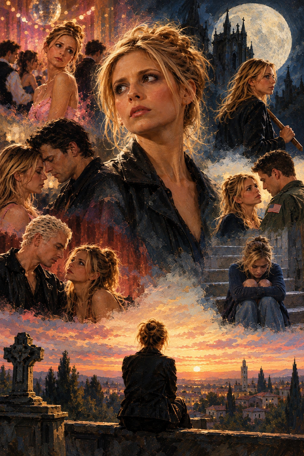 Oil-painting-style artwork inspired by Buffy the Vampire Slayer, exploring identity, relationships, responsibility, grief, and outgrowing an idealized version of normal life.