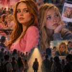 Oil-painting-style illustration inspired by Mean Girls and Eighth Grade, showing teenage self-consciousness, peer judgment, social media pressure, and the feeling of being watched.
