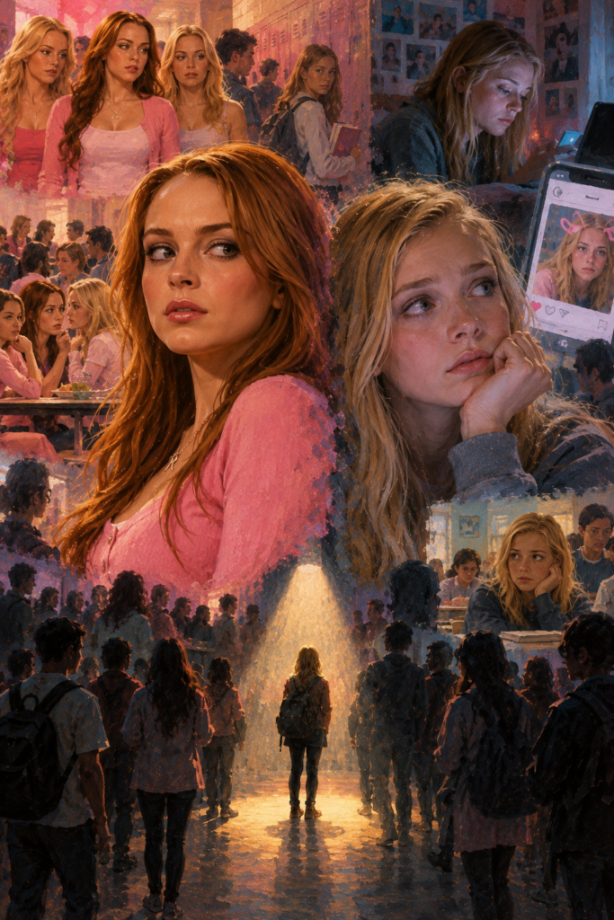Oil-painting-style illustration inspired by Mean Girls and Eighth Grade, showing teenage self-consciousness, peer judgment, social media pressure, and the feeling of being watched.